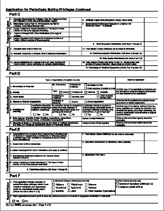 PS Form 3500 (pg 2.), Application for Periodicals Mailing Priveleges.