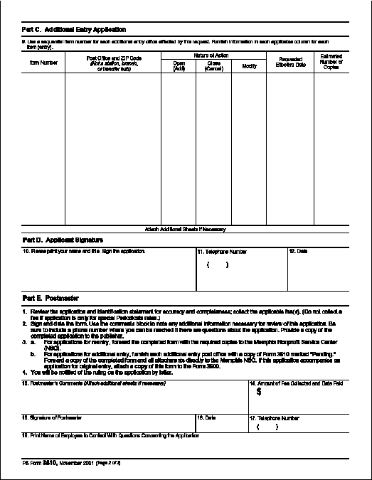 PS Form 3510, (pg 2.), Application to Mail at Additional Entry, Reentry, or Request for Special LRate Request for Periodicals Publication