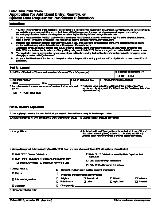 PS Form 3510, Application to Mail at Additional Entry, Reentry, or Request for Special Rate Request for Periodicals Publication