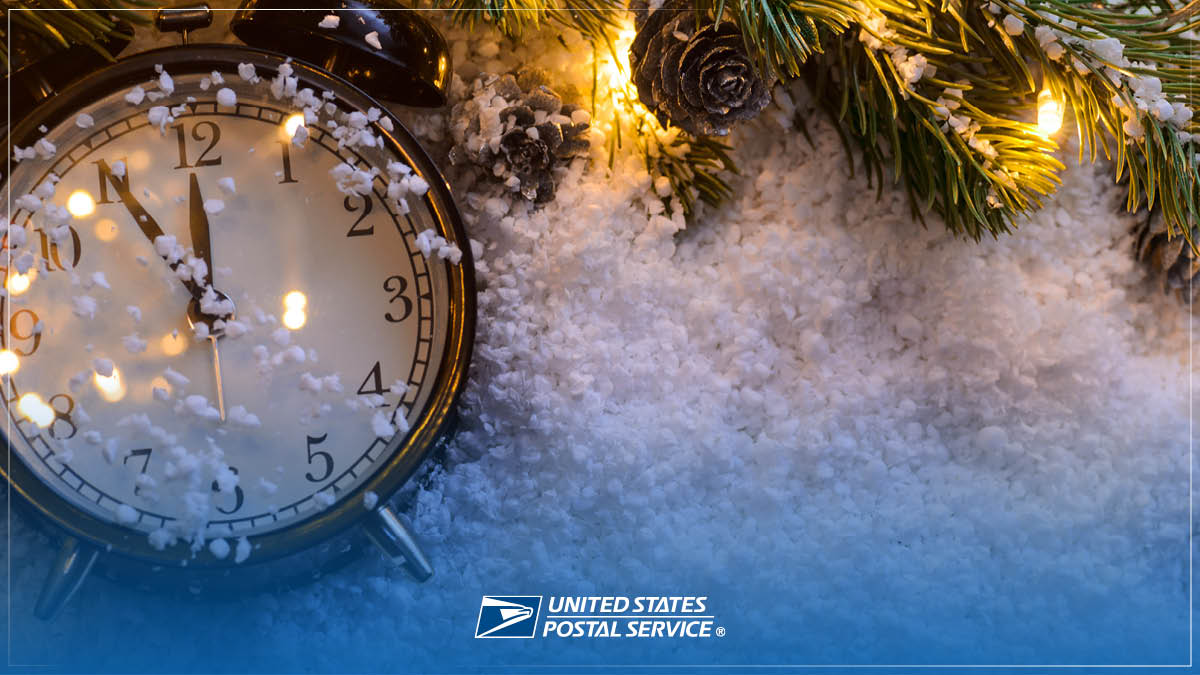 A photo of a clock in snow with the USPS logo overlayed.