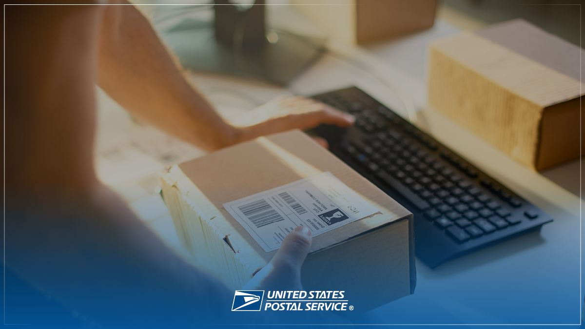 A photo of holding a package with the USPS logo overlayed.