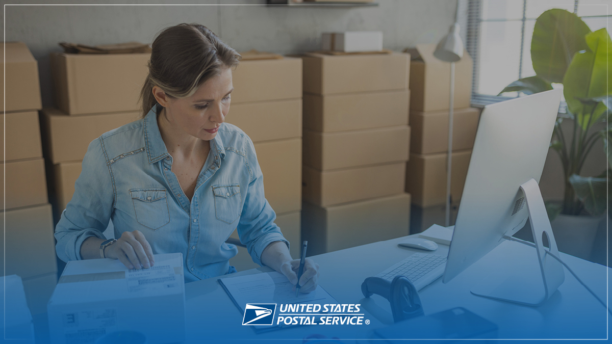 A photo of a woman writing shipping address with the USPS logo overlayed.