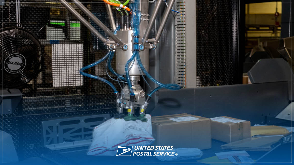 A photo of mail and package processing machine and packages with the USPS logo overlayed.