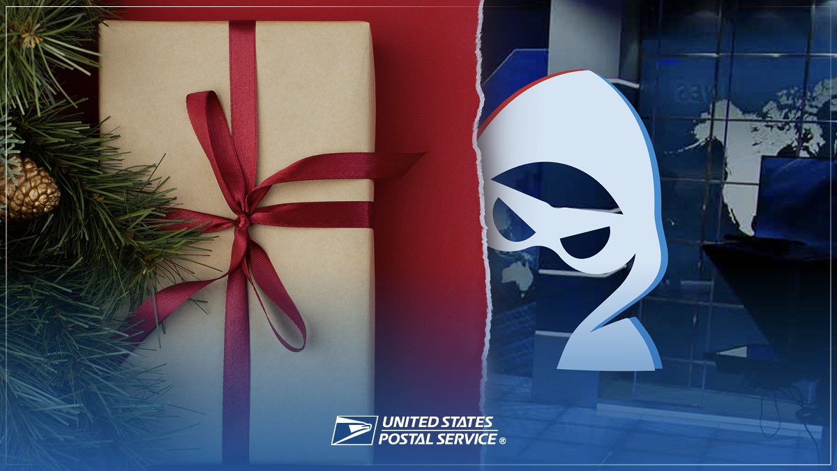A photo of a holiday gift and a maskman who looking with the USPS logo overlayed.