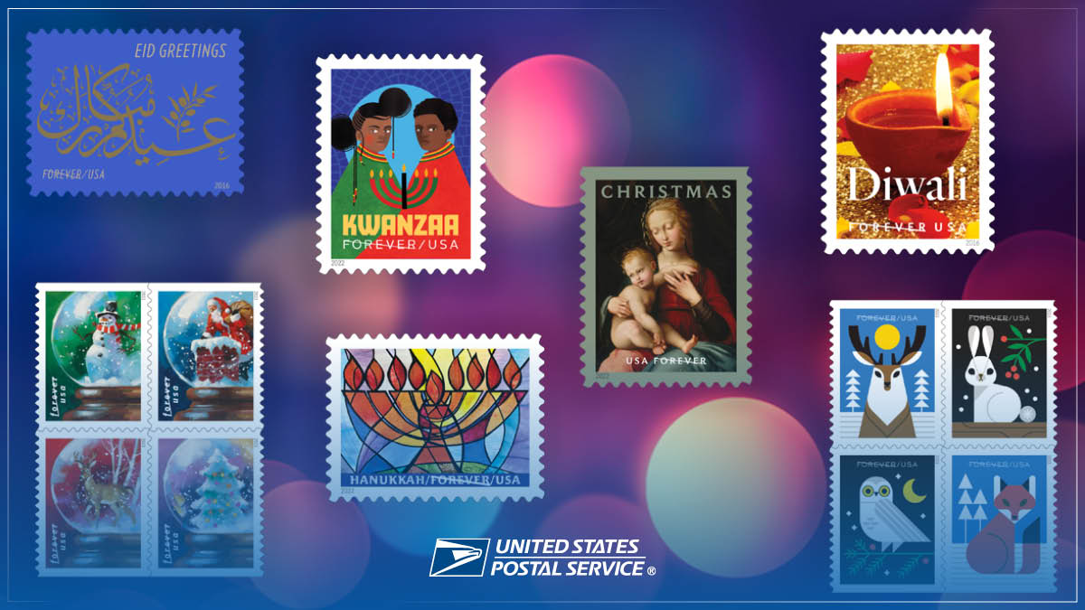 A photo of USPS holiday stamps with the USPS logo overlayed.