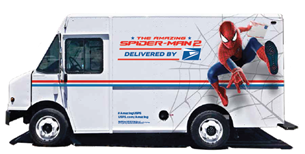 USPS mail truck with Spider-Man image