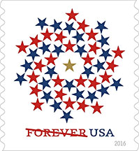 Patriotic spiral Forever stamp features festive, energetic design
