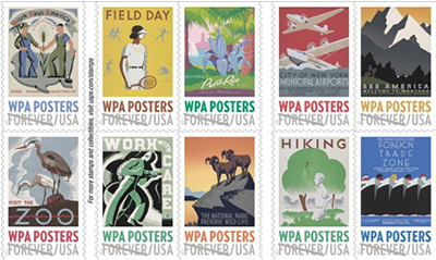Stamps celebrating Work Projects Administration posters