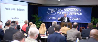 Postmaster General and CEO, John E. Potter, addresses the Postal Supplier Council on December 2, 2009