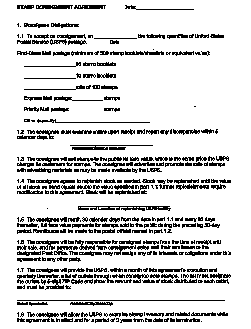 Stamp Consignment Agreement, form 1 of 3. 