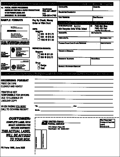 ps form 1868, june 2002:  u.s. postal service business card order form.
