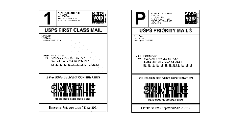 replicas of a shipping label that includes an information based indicia (ibi) produced by stamps.com.