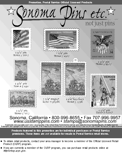 promotion. sonoma pins etc. not just pins. call 800-996-8655, fax 707-996-9957, or visit www.usstamppins.com or stamps@sonomapins.com.