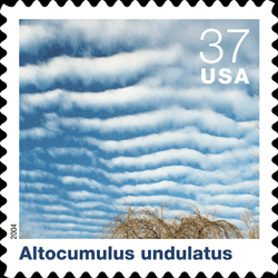 Individual stamp background, Altocumulus undulatus, followed by text that identifies and describes thet particular could type.