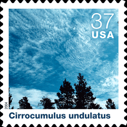 Individual stamp background, Cirrocumulus undulatus, followed by text that identifies and describes thet particular could type.
