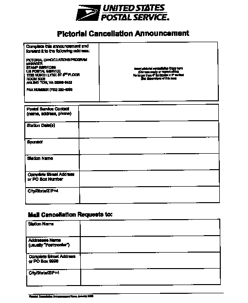 Pictorial Cancellation Announcement Form, January 2000.