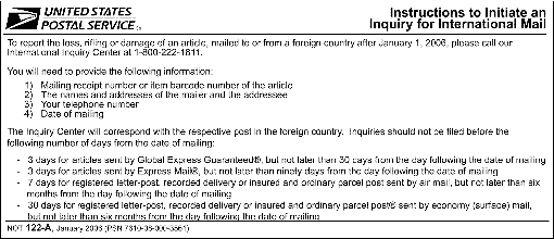 Notice 122-A, Instructions to Initiate an Inquiry for International Mail.