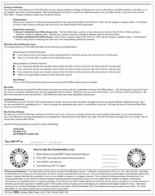 PS Form 1093, How to Apply for Post Office Box Service, page 2 of 4