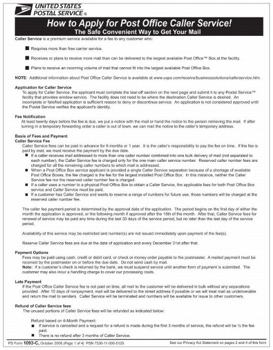 PS Form 1093-C, How to Apply for Post Office Caller Service, page 1 of 4