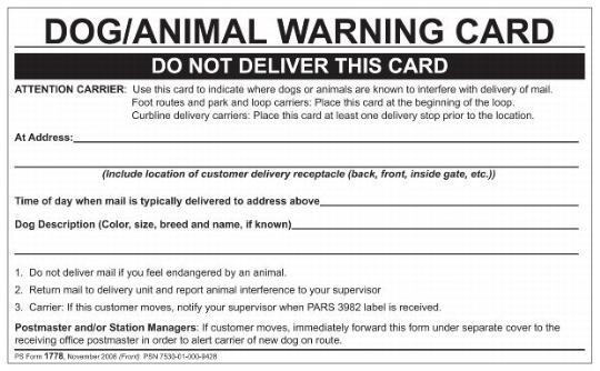 PS Form 1778, Dog/Animal Warning Card (page 1 of 2)