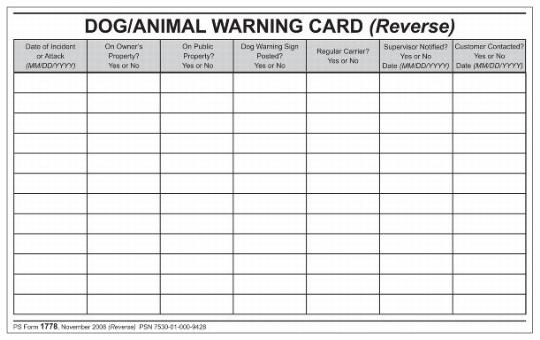 PS Form 1778, Dog/Animal Warning Card (page 2 of 2)
