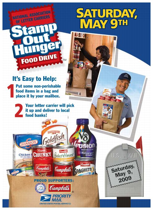 National Association of Letter Carriers Stamp Out Hunger Food Drive. Saturday, May 9th.