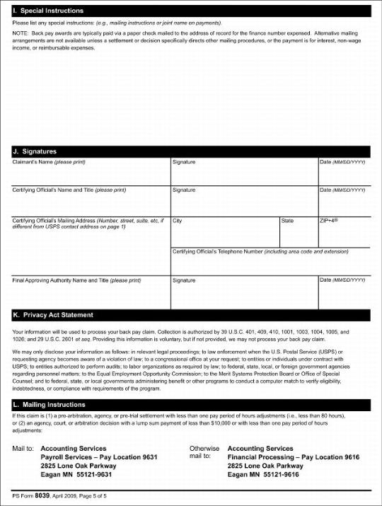 PS Form 8039, Back Pay Decision/Settlement Worksheet, page 5 of 5