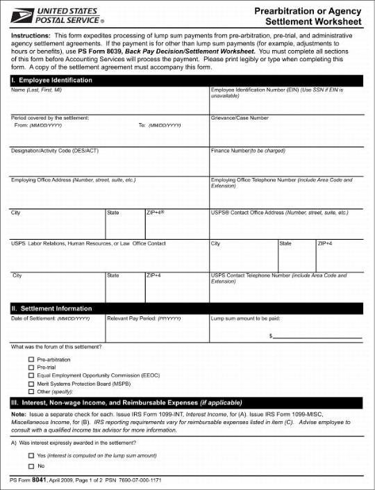 PS Form 8041, Prearbitration or Agency Settlement Worksheet, page 1 of 2