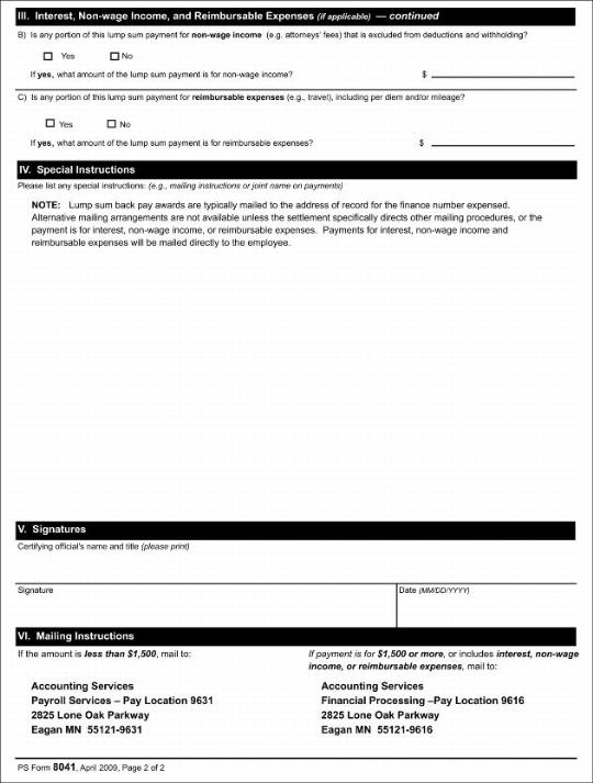 PS Form 8041, Prearbitration or Agency Settlement Worksheet, page 2 of 2