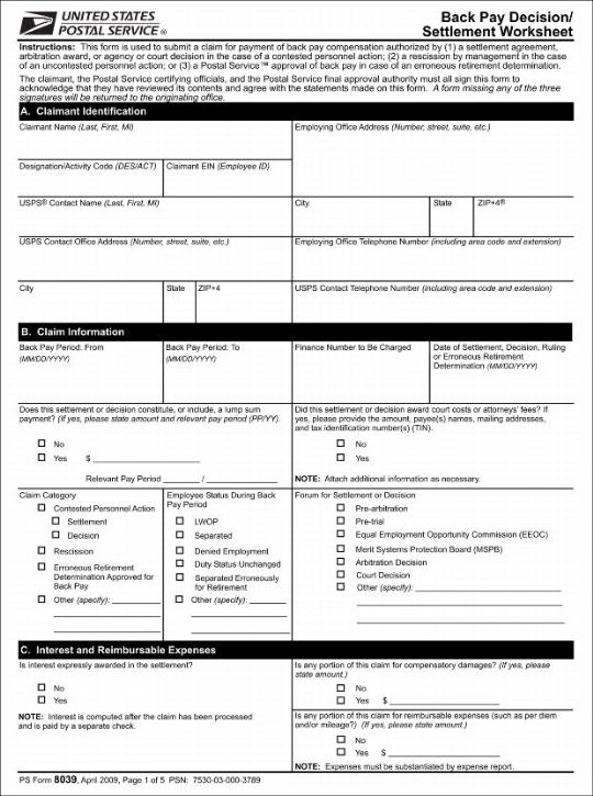 PS Form 8039, Back Pay Decision/Settlement Worksheet, page 1 of 5