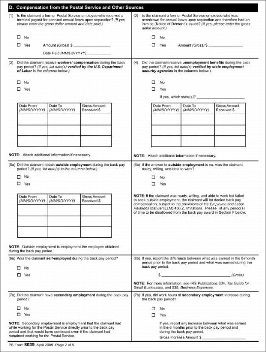 PS Form 8039, Back Pay Decision/Settlement Worksheet, page 2 of 5