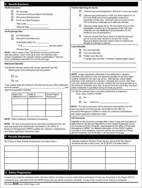 PS Form 8039, Back Pay Decision/Settlement Worksheet, page 3 of 5