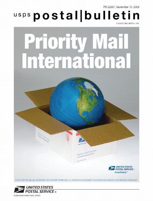 Postal Bulletin 22267, September 10, 2009. Priority Mail International.