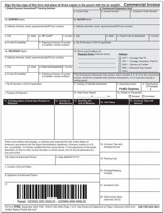 PS Form 6182, Commercial Invoice