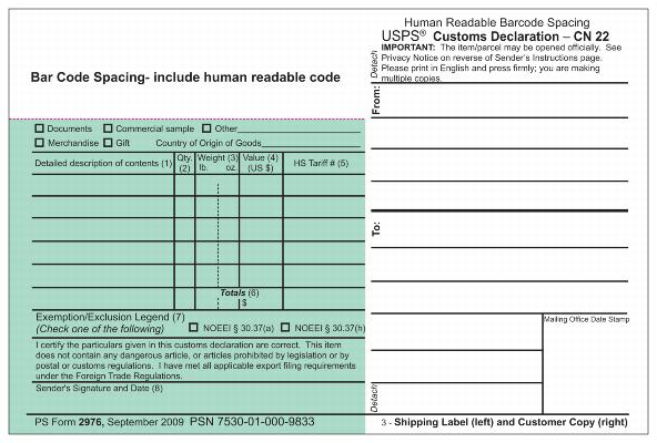 PS Form 2976 (September 2009 version) Human Readable Barcode Spacing, USPS Customes Declaration - CN 22