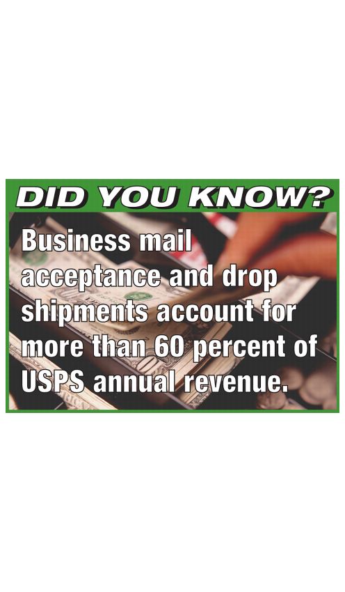 DID YOU KNOW? Business mail acceptance and drop shipments account for more than 60 percent of USPS annual revenue.