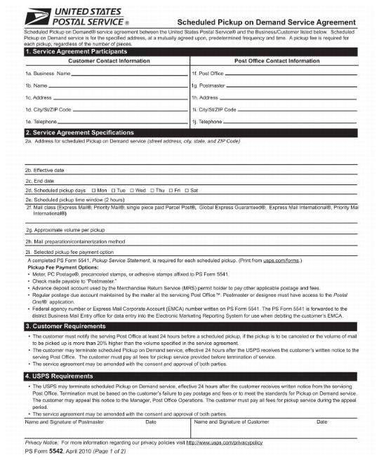 PS Form 5542 - Scheduled Pickup on Demand Service Agreement (page 1 of 2)