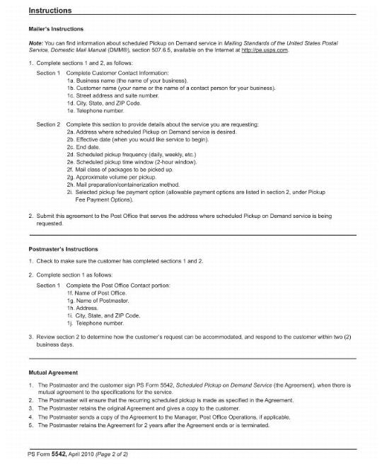 PS Form 5542 - Scheduled Pickup on Demand Service Agreement - Instructions (page 2 of 2)