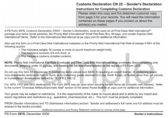 Customs Declaration CN 22- Sender's Declaration Instructions