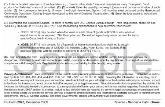 Customs Declaration CN 22- Sender's Declaration Instructions