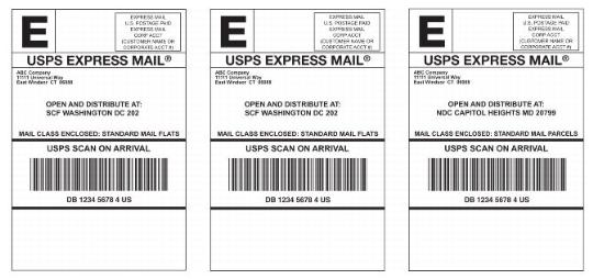 Image of examples of Express Mail Open and Distribute barcoded labels