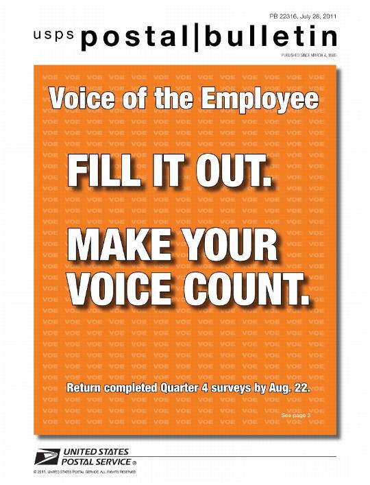 PB 22316, July 28, 2011 - Voice of the Employee, FILL IT OUT. MAKE YOUR VOICE COUNT. Return completed Quarter 4 surveys by August 22.
