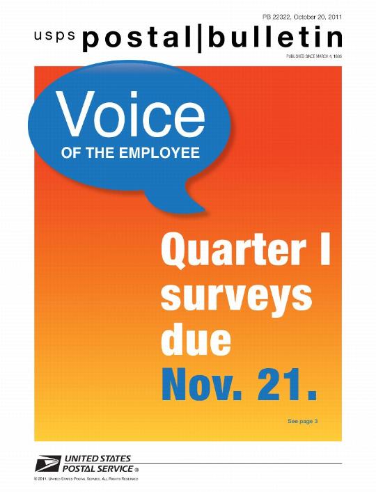 PB 22322, October 20, 2011 - Front Cover - Voice OF THE EMPLOYEE, Quarter 1 surveys due November 21.
