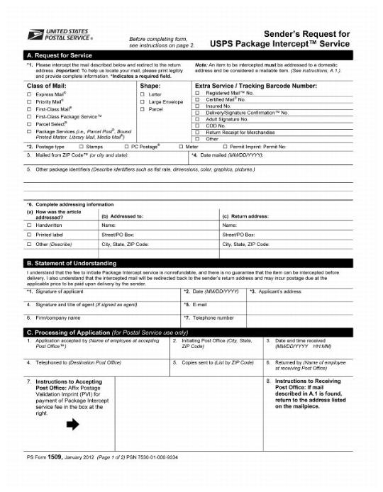 PS Form 1509, Sender's Request for USPS Package Intercept Service, January 2012 (page 1 of 2)