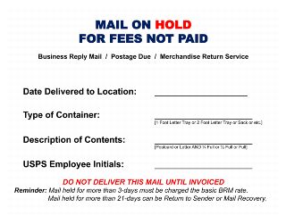 image of PS Form 4830-A, Mail on Hold, For Fees Not Paid