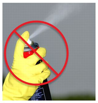 picture showing spraying pesticide with line through it! Warning