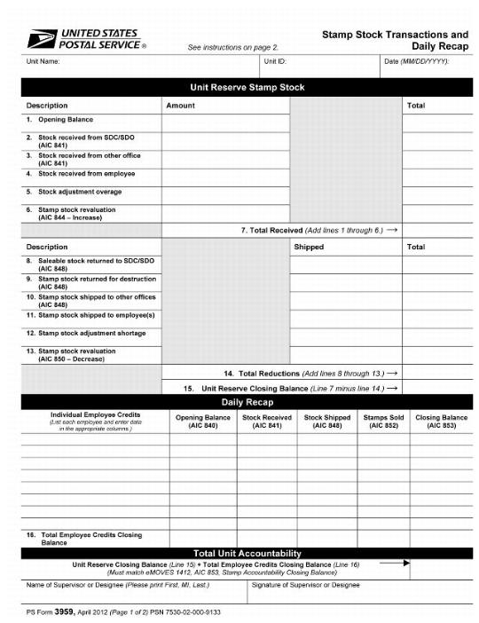 PS Form 3959, Stamp Stock Transactions and Daily Recap, April 2012 (Page 1 of 2)