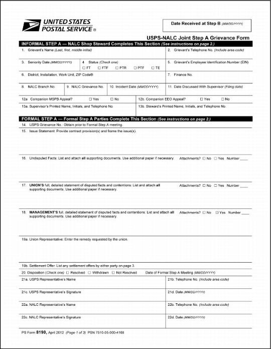 PS Form 8190, USPS-NALC Joint Step A Grievance Form, April 2012 (p. 1 of 3)
