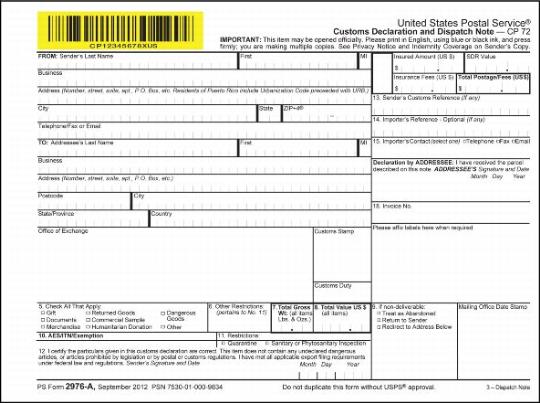 PS Form 2976-A, Customs Declaration and Dispatch Note - CP 72 (Copies 1 and 3)