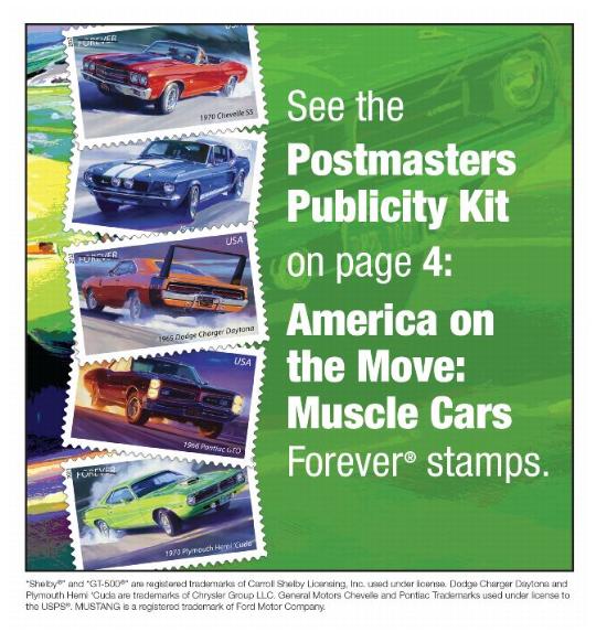 Postal Bulletin 22356, Back Cover, See the Postmasters Publicity Kit on page 4: America on the Move: Muscle Cars Forever stamps